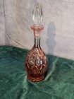 Vintage Bohemian Cranberry Cut To Clear Glass Decanter Set Ruby Oval Lenses   