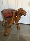 Vintage Hand Carved Wood Camel Saddle Stool Brown Leather Ottoman Brass Accents