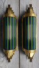 2 Pc Vintage Art Deco Blue   Green Brass Glass Rod Wall Sconce Light Fixture  