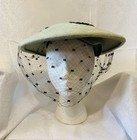 Vintage Ladies 1920-40s Mint Green Felt Hat Black Netting And Flowers