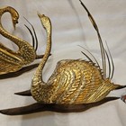 Mcm Vintage Pair Brass Tin Swans   Cattails grasses Wall Hanging With Wood Base