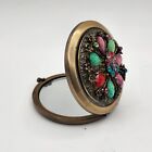 Jeweled Compact Rhinestone Mirror Floral Flower - Vintage