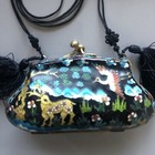 Vintage Asian Cloisonn   Black Metal Box Mini Purse Or Necklace Deer Scenic Rare