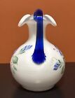 Fenton White Glass Pitcher Vase Blue Handle Flowers Floral Hand Painted Signed