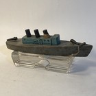 Vintage Wooden Toy Battleship   Boat Folk Art Blue Gray Gun 8   