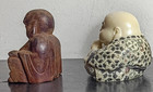 1950s Chinese Hand Carved Heavy Resin Buddha Statue And Wood Figurine
