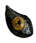 Victorian Antique Black Glass Button Realistic Leaf Gold Luster Metal Shank
