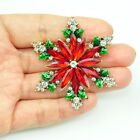 Poinsettia Christmas Red Flower Brooch Pin With Crystal Rhinestone Accents