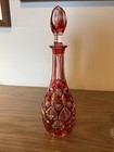 Vintage Cranberry Cut To Clear Glass Decanter Stopper   2 Cordial Glasses