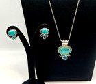 Turquoise   Topaz Pendant Necklace   Earrings Set Vintage Sterling Silver 925 Nf