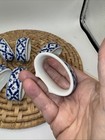 Set Of  6 Vtg Porcelain Blue white Napkin Rings Floral Design Hand Painted