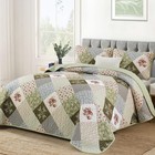 Boho King Quilt Set - 3-piece Reversible Soft Plaid Floral Bedding  2 Shams  Gre