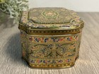 Vintage Metal Tea Tin With Hinged Lid Paisley Floral Design Unique Shape 3   tall