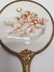 Antique Victorian Painted Porcelain Brass Handle Vanity Small Mirror 6 5 