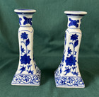 Vintage Blue   White Porcelain Set Of 2 8 1 2 Inch Candle Holders