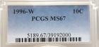 1996-w Roosevelt Dime 10c Pcgs Graded Ms 67 West Point Mint   