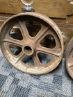  2  Vtg Matching Industrial Cart Steampunk Cast Iron 14 5  Hit Miss Engine Wheel