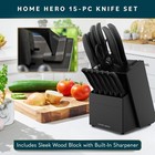 Kitchen Knife Set 15 Piece Black With Block Sharpener Steak Knives Stainless New