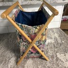 Vintage Knitting Sewing Basket Yarn Caddy Folding Wood Frame Garden Theme 