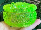 Vtg Bohemian Czech Uranium Glass Lidded Powder Trinket Box Sunflower Design 1930