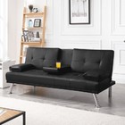 Luxury Faux Leather Futon Sofa Bed With Cup Holders   Pillows Small Space Black