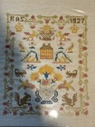 Vintage Cross Stitch Sampler   Framed   1927   Urn  House  Squirrels  Dogs linen