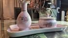 Vintage Pink Porcelain Vanity Dresser Set Floral Roses Gold Trim Tray 3 Piece