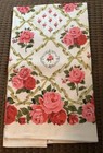 Vintage Pure Linen Kitchen tea Towel Roses Rosebuds Lattice Work 16 1 2   x 28   