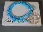 Vintage Signed Lee Sands Blue Bead   Carved Mother Of Pearl Flower Necklace