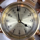 Vintage Ship s Time Quartz 18 75  Brass Clock Porthole Ship Wheel Wood Working
