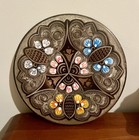 Vintage Turkish Geometric Hand Etched Painted Copper Wall Hanging Plate 7 5 