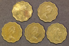  5  Hong Kong 20 Cents Coins  Before 1997 Hangover To China  Qe Ii Crown Logo