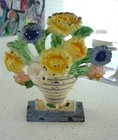 Three  3  Antique Hubley Cast Iron Door Stops Flower Baskets W original Paint 