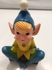 Vintage Ceramic Large Pixie Elf  Blue Yellow Sitting On Log Figurine Japan 6   