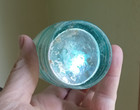 1860s Aqua Barrel Figural Mustard Bottle With Crude Applied Ring Lip