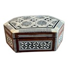 Vintage Wooden Mother Of Pearl Inlay Mosaic Trinket Box Jewelry Storage Hexagon