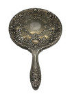 Vintage Ornate Silver Plated Vanity Hand Mirror Heavy Victorian Floral Design