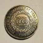 1865 Brazil 1000 Reis Silver Coin Toned Km 463  Au uncirculated