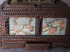 Antique Tramp Art Chip Carved Sewing Box Folk Art Jewelry Box Decoupage C1900