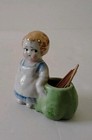 Antique Vintage Lady Porcelain Toothpick Holder Iridescent Gold Glaze