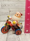 Vtg Antique Litho Tin Wind Up Toy Of Celluloid Santa On Tricycle Korea Works