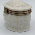 Porcelain Cream Colored Hinged Trinket jewelry Box With Gold Trim bow Latch Vtg