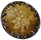 Large Antique Stamped Celluloid Rose Bouquet Button Ornate Rim Nice 1 1 2