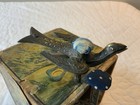 Antique Sewing Bird  Brass  Silvery Patina  Blue Pin Cushions