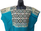 Huipil Kaftan Woven Cotton Turquoise Oaxaca Mexico Aztec Embroidered Maxi Dress