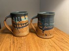 Pair  2  Hand Thrown 18 Ounce Pottery Mugs beer Steins Signed By Michael Mahan