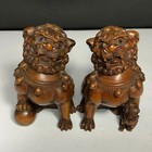 Old Boxwood Carved Pair Amass Fortunes Lion Japanese Netsuke Collectible Statue
