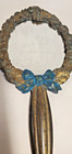 Antique Art Nouveau Bronze Hand Mirror Florals Bow Gilt Wash