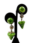 Antique Old Vintage French Green Swirl Poured Glass Deco Dogtooth Setting Dangle