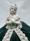 Antique Porcelain Half Doll Pin Cushion Figurine Velvet Fabric Dress Beaded Lace
